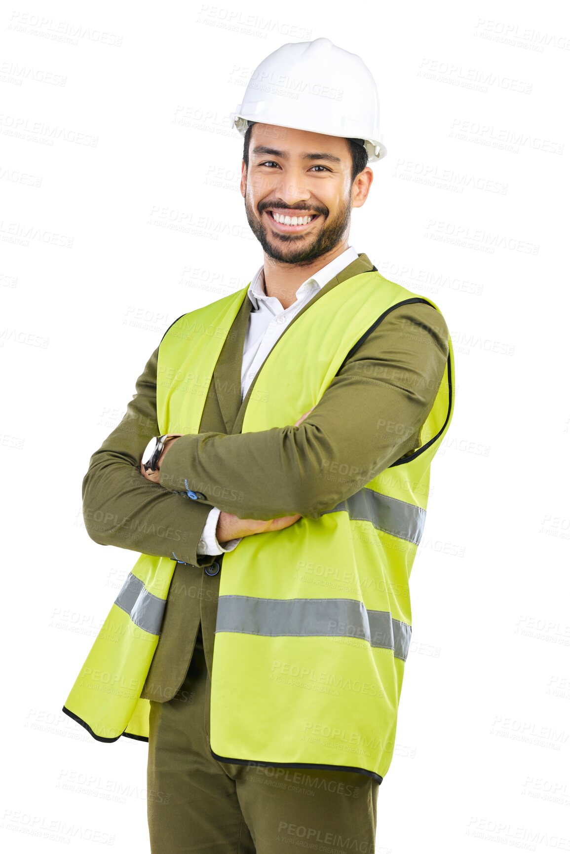 Buy stock photo Engineering, smile and portrait of male construction worker with hard hat, suit and vest for project. Industrial, professional and contractor with confidence isolated by a transparent png background.