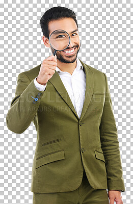 Buy stock photo Portrait, business man and smile magnifying glass for investigation, search and isolated on transparent png background. Happy asian male employee with magnifier, inspection and quality control check