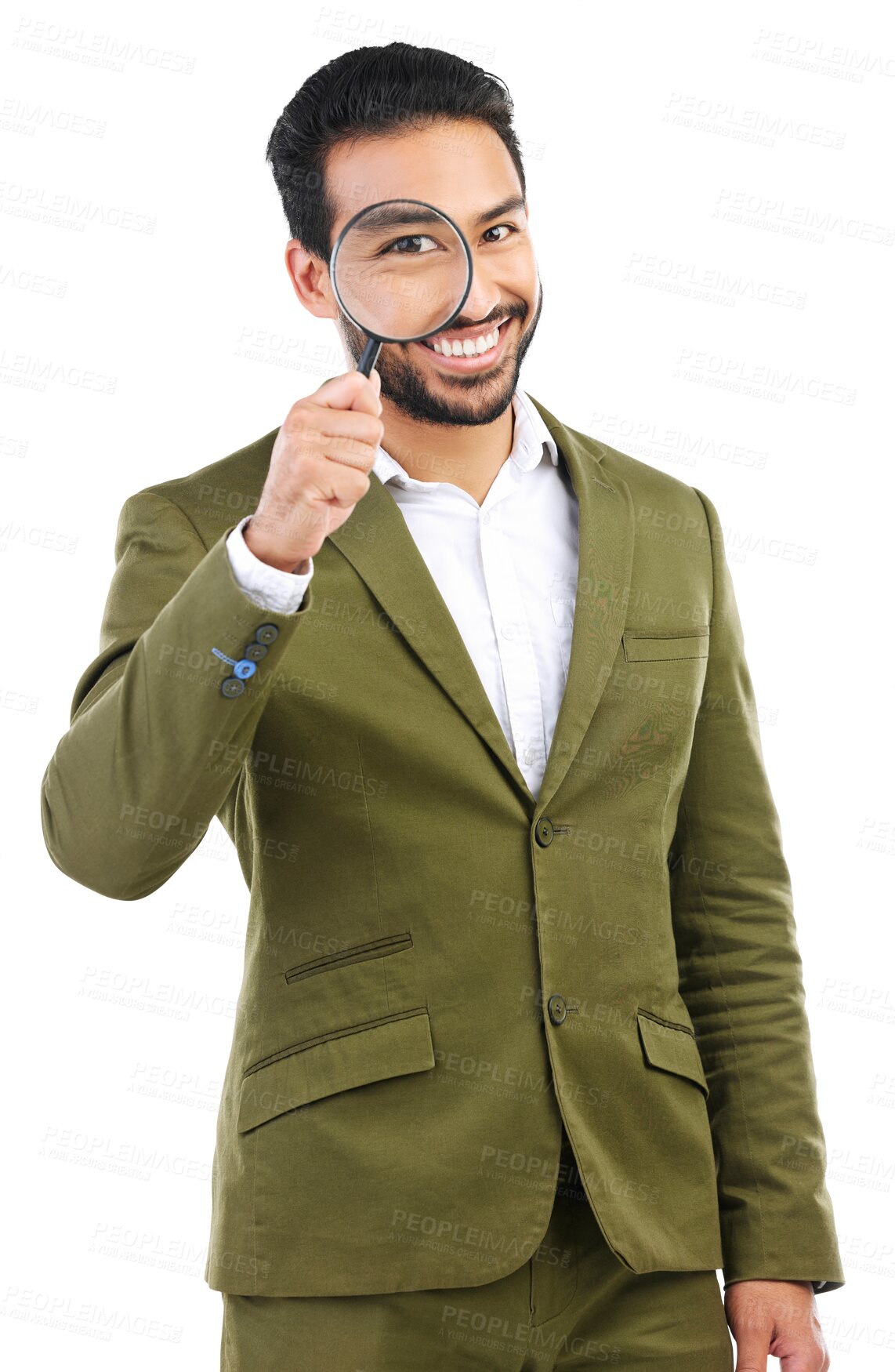 Buy stock photo Portrait, business man and smile magnifying glass for investigation, search and isolated on transparent png background. Happy asian male employee with magnifier, inspection and quality control check