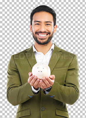 Buy stock photo Isolated business man, piggy bank and happy in portrait for savings, investment or goals by transparent png background. Asian businessman, investor and smile for future, financial growth and wealth