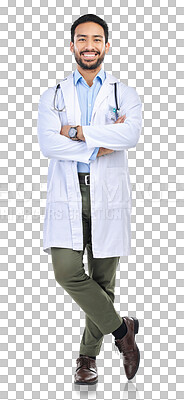 Buy stock photo Healthcare, medical and portrait of doctor confident and happy for medicine and isolated in transparent or png background. Health, professional and medicine worker or employee confident arms crossed