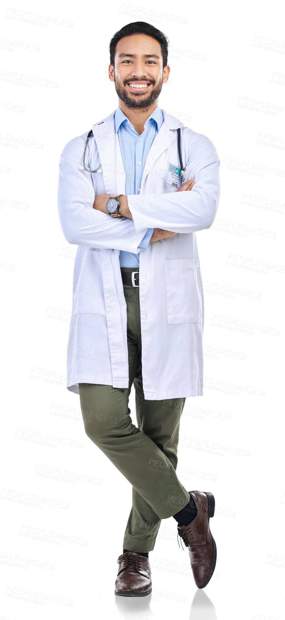 Buy stock photo Healthcare, medical and portrait of doctor confident and happy for medicine and isolated in transparent or png background. Health, professional and medicine worker or employee confident arms crossed