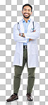 Happy man, portrait and doctor in a studio with confidence ready for work. Isolated, white background and arms crossed of a proud surgeon with happiness from healthcare, wellness and hospital job