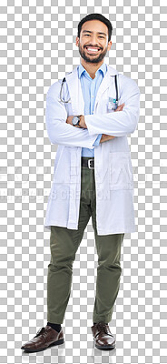 Buy stock photo Medical, professional and portrait of doctor happy for healthcare and isolated in transparent or png background. Worker, pharmacist and man medicine employee arms crossed ready for surgery or health