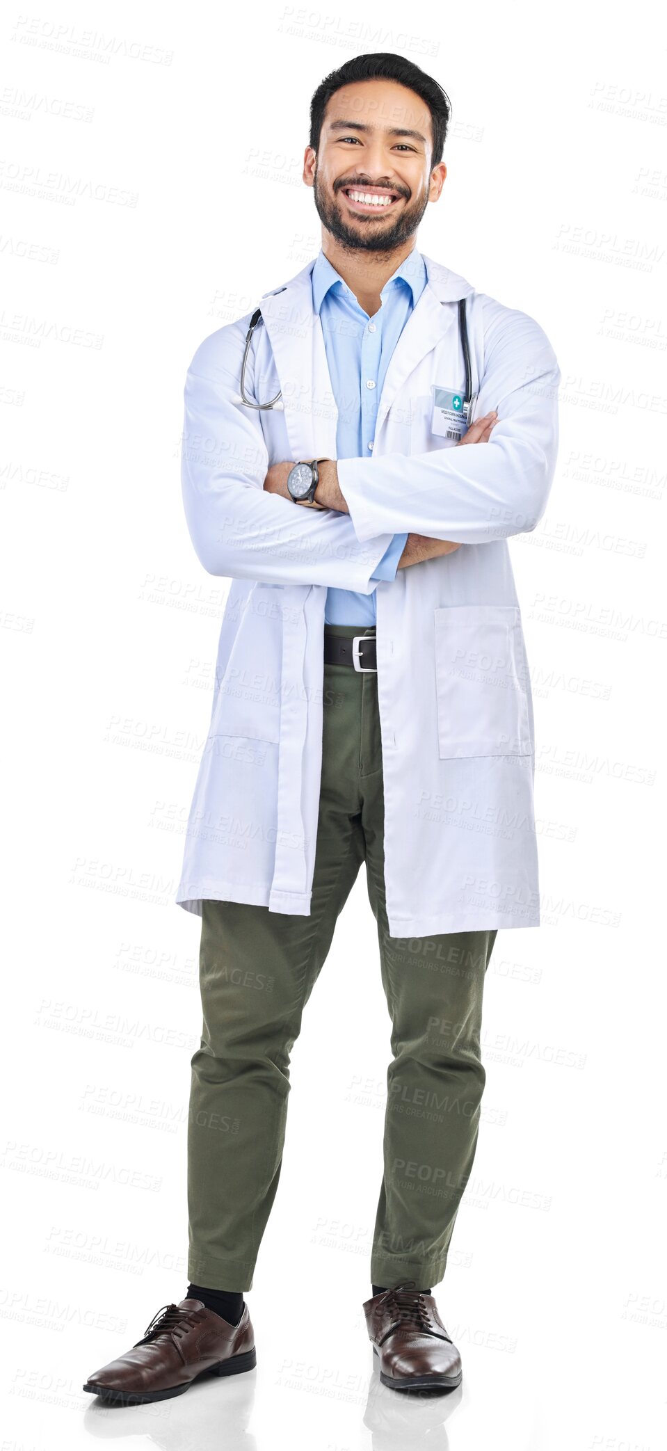 Buy stock photo Medical, professional and portrait of doctor happy for healthcare and isolated in transparent or png background. Worker, pharmacist and man medicine employee arms crossed ready for surgery or health