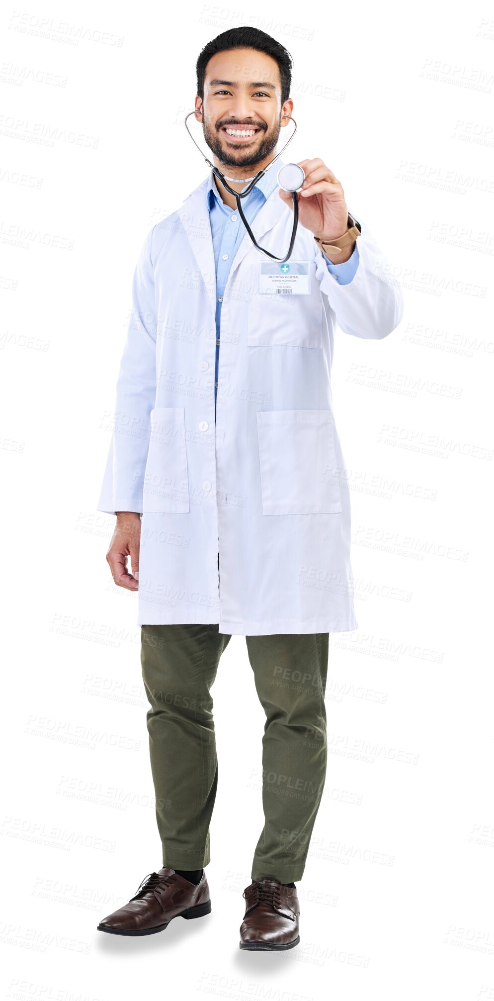 Buy stock photo Man, doctor and portrait with stethoscope, smile and cardiovascular health isolated on transparent PNG background. Happy male person, medical professional or physician and surgeon for cardiology