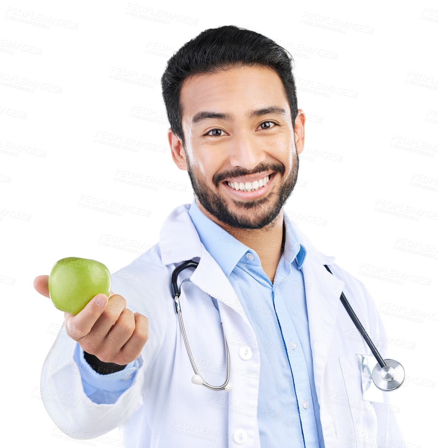 Buy stock photo Apple, doctor and nutrition with portrait of man on png for health, medical and diet. Healthcare, medicine and food with face of person and fruit isolated on transparent background for wellness