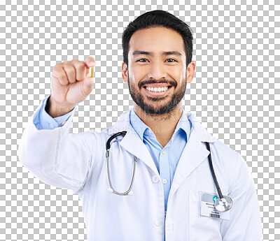 Buy stock photo Doctor, tablet and man giving drugs or supplement pills for health with pharmaceuticals on transparent png background. Healthcare, male medical professional with pharmacy and prescription medicine