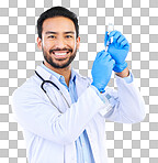 Portrait of doctor with smile, syringe and vaccine in studio for healthcare, medicine and innovation in medical science. Vaccination, booster shot and Indian man, virus protection on white background