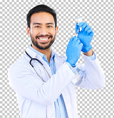 Buy stock photo Portrait, doctor and happy man with syringe for vaccine, healthcare and isolated on transparent png background. Vaccination, booster shot and asian medical worker with vial, needle and virus medicine