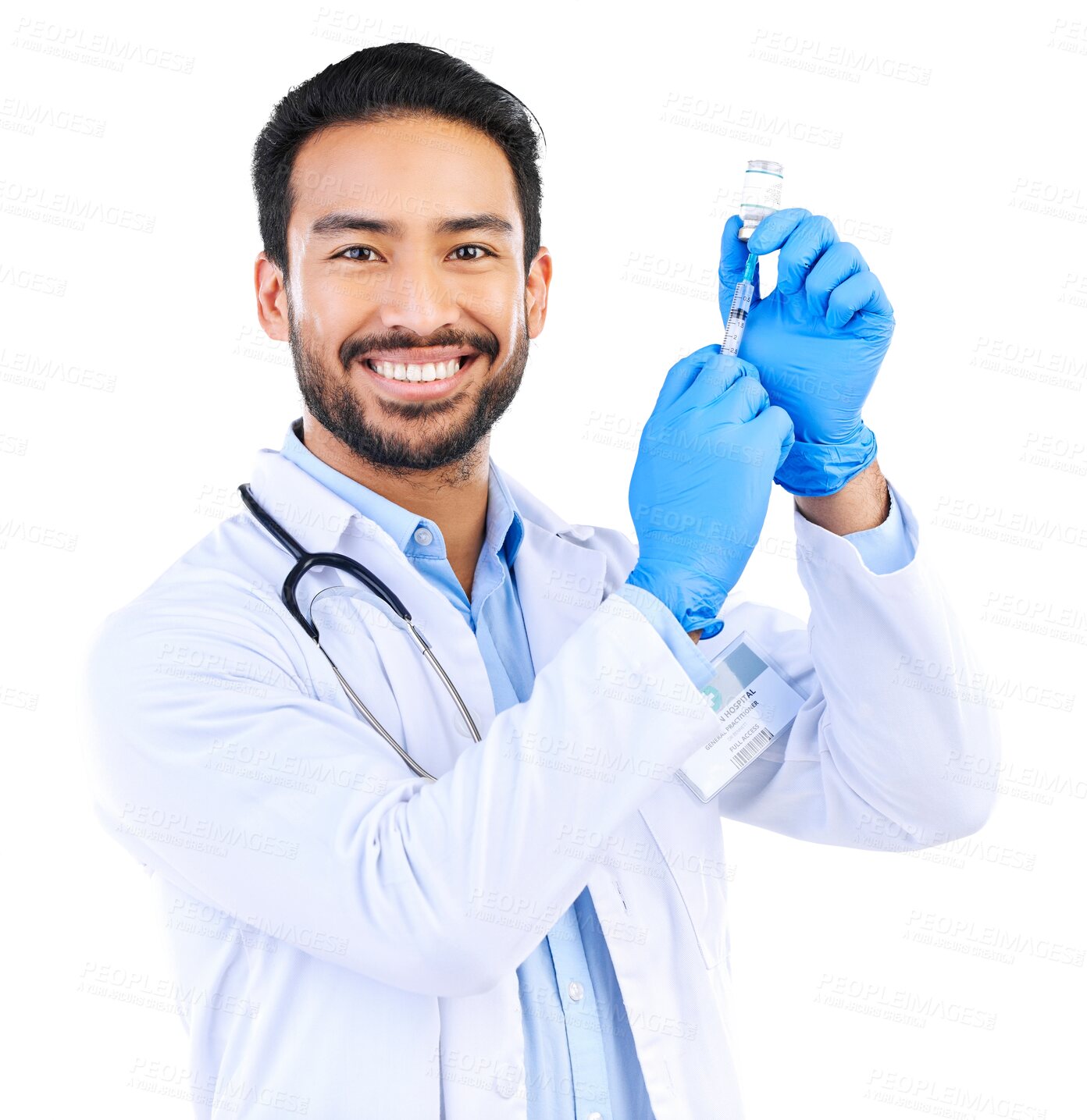 Buy stock photo Portrait, doctor and happy man with syringe for vaccine, healthcare and isolated on transparent png background. Vaccination, booster shot and asian medical worker with vial, needle and virus medicine