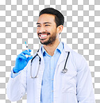 Doctor with smile, syringe and vaccine in studio for healthcare, medicine and medical innovation. Vaccination, booster shot and happy Indian man with needle for virus protection on white background.