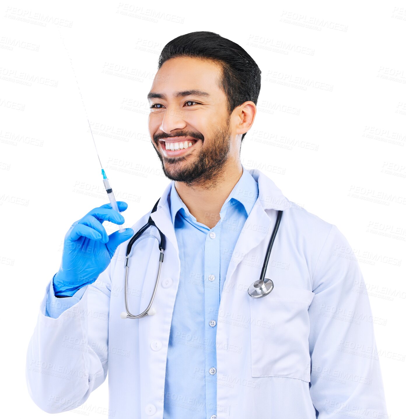 Buy stock photo Doctor, syringe and happy man with vaccine for healthcare, medicine and medical innovation isolated on transparent png background. Vaccination, immunity and asian guy with needle for virus protection