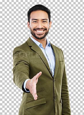 Buy stock photo Isolated business man, open handshake or smile in portrait for welcome, kindness and transparent png background. Asian businessman, shake hands and happy for recruitment, onboarding and hiring at job