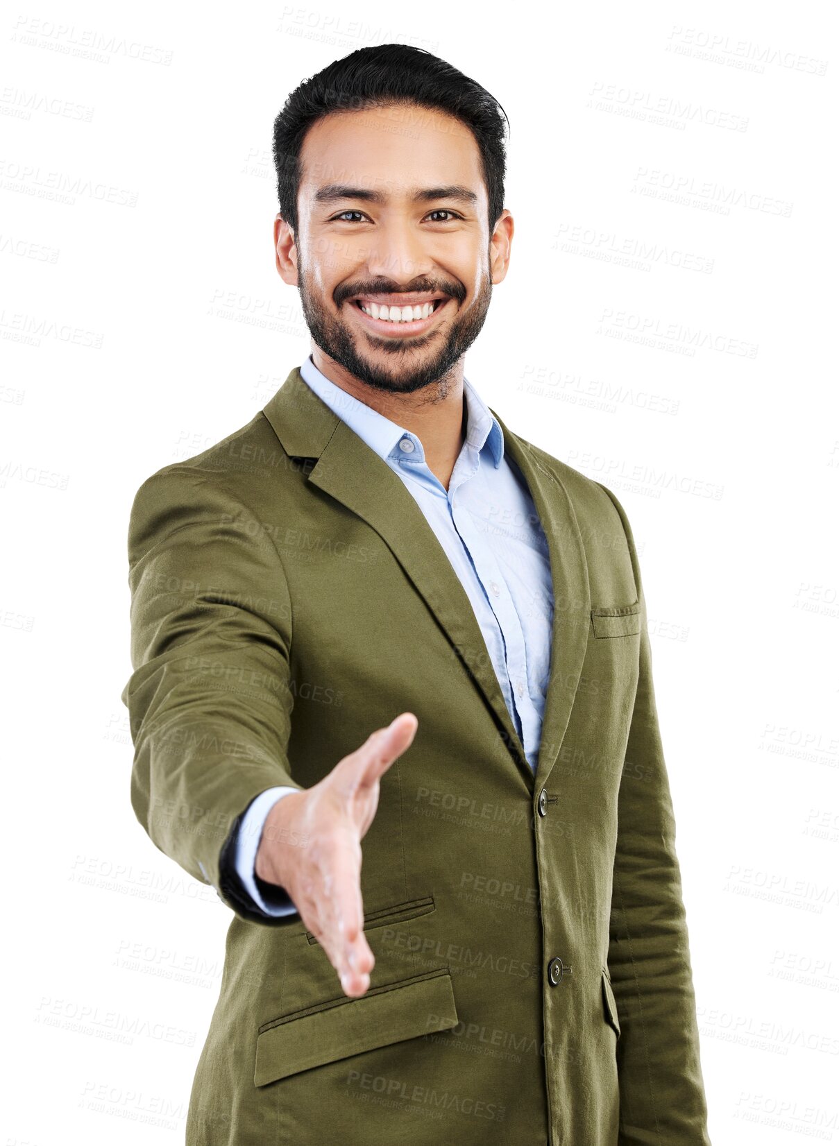 Buy stock photo Isolated business man, open handshake or smile in portrait for welcome, kindness and transparent png background. Asian businessman, shake hands and happy for recruitment, onboarding and hiring at job