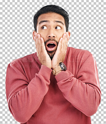 Buy stock photo Wow, surprise and asian man with hands on face for gossip or news on isolated, transparent or png background. Omg, emoji and guy shocked by sale, promo or coming soon announcement or giveaway prize