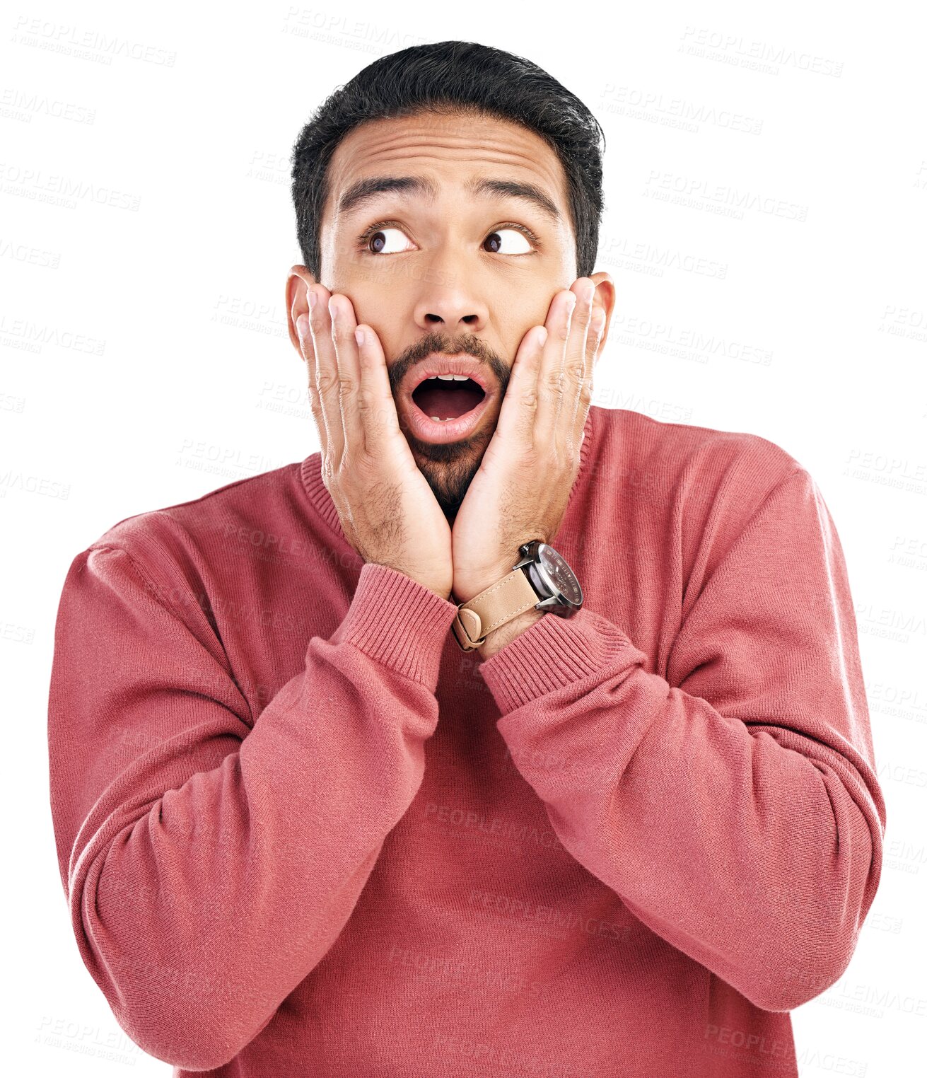 Buy stock photo Wow, surprise and asian man with hands on face for gossip or news on isolated, transparent or png background. Omg, emoji and guy shocked by sale, promo or coming soon announcement or giveaway prize