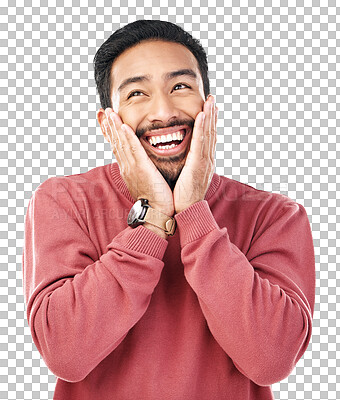 Buy stock photo Smile, wow and asian man with hands on face for gossip or news on isolated, transparent or png background. Happy, emoji and guy shocked by sale, promo or coming soon announcement or giveaway prize