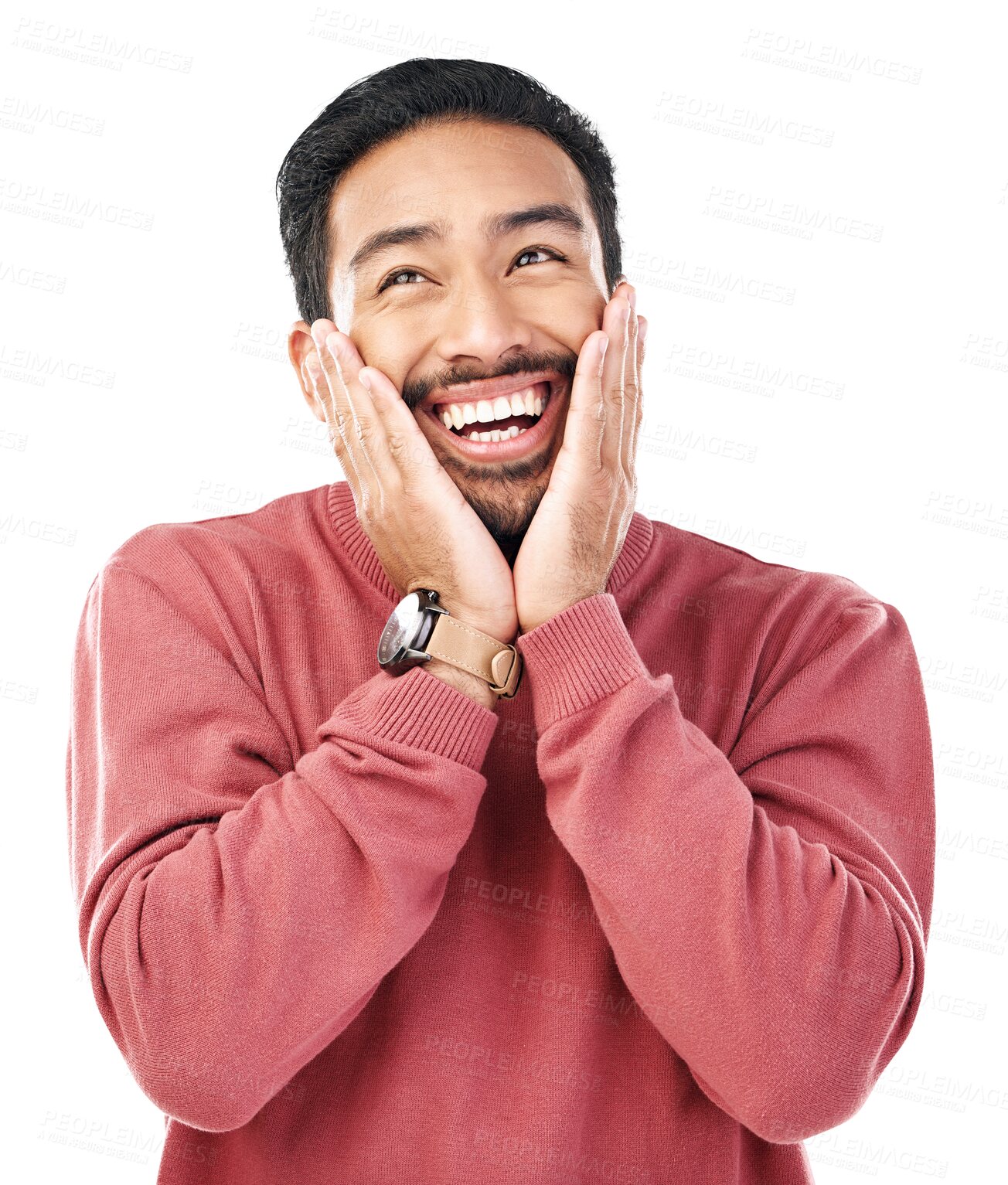 Buy stock photo Smile, wow and asian man with hands on face for gossip or news on isolated, transparent or png background. Happy, emoji and guy shocked by sale, promo or coming soon announcement or giveaway prize