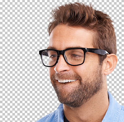 Buy stock photo Man, funny face and nerd in glasses with headshot, goofy and comic isolated on transparent png background. Buck teeth, crazy and male person with silly expression, geek and playful with joke