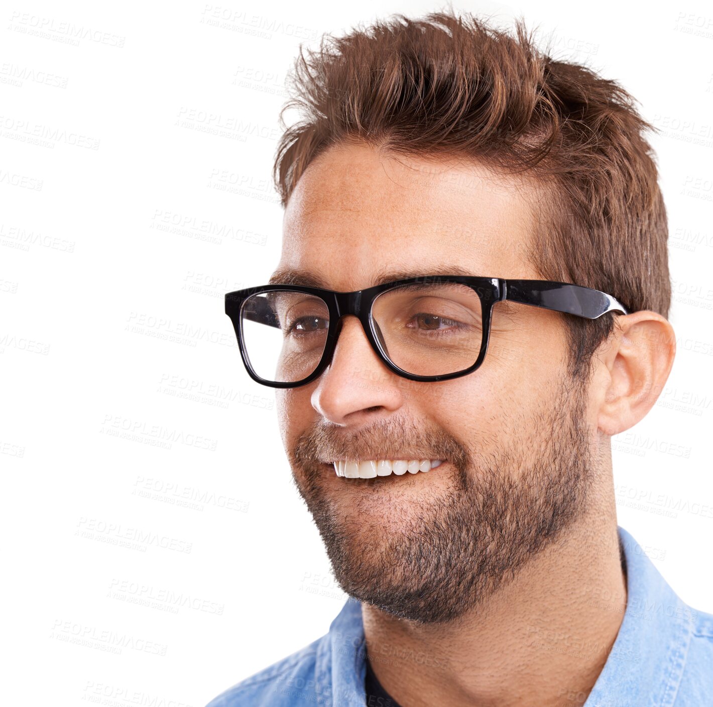 Buy stock photo Man, funny face and nerd in glasses with headshot, goofy and comic isolated on transparent png background. Buck teeth, crazy and male person with silly expression, geek and playful with joke