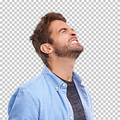 Buy stock photo Angry, rage and man frustrated with problem isolated on a transparent png background. Anger, upset and male person with stress, financial crisis in debt or depression, sad or emotional emoji for pain