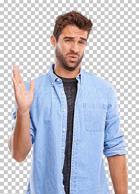 Buy stock photo Upset, bad smell and portrait of a young man with a disgusted, annoyed or moody face expression. Angry, emotion and male model smelling a stink toxic odor isolated by a transparent png background.