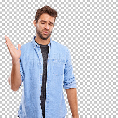 Buy stock photo Stink in air, smell and odor with man, gesture and casual clothes isolated on transparent png background. Male person, fart and disgusted with hand gesture, facial expression and denim shirt