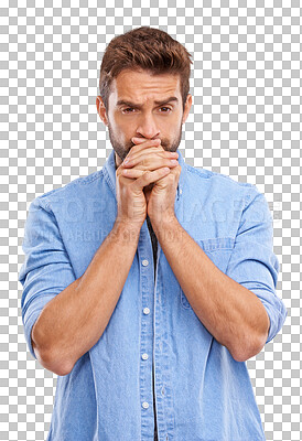 Buy stock photo Worried, fear and portrait of man scared with stress expression isolated in a transparent or png background. Uncertain, anxiety and person feeling anxious and thinking of a problem and ashamed