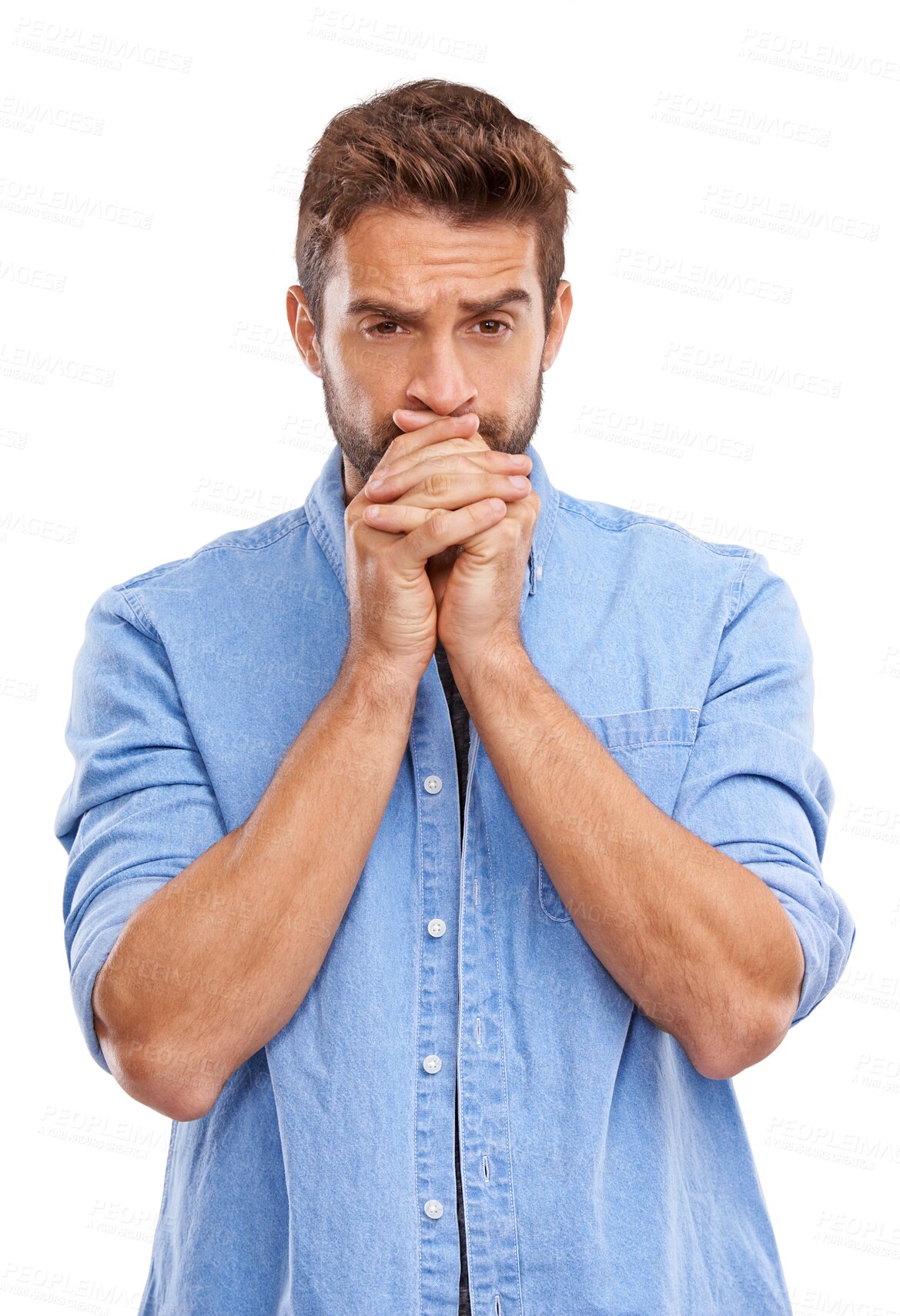 Buy stock photo Worried, fear and portrait of man scared with stress expression isolated in a transparent or png background. Uncertain, anxiety and person feeling anxious and thinking of a problem and ashamed