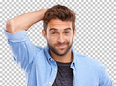 Buy stock photo Man is unsure, face and mindset with head scratch, doubt and casual clothes isolated on transparent png background. Male person, portrait with puzzled or confused expression and relax in denim shirt