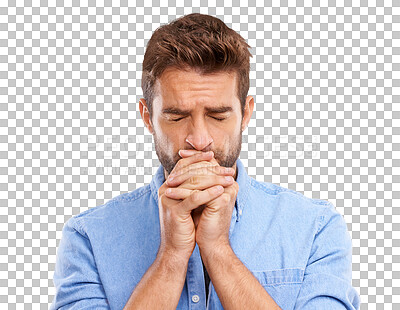 Buy stock photo Worried, anxiety and man with fear or scared with stress expression isolated in a transparent or png background. Uncertain, closed eyes and person feeling anxious and thinking of problem and ashamed