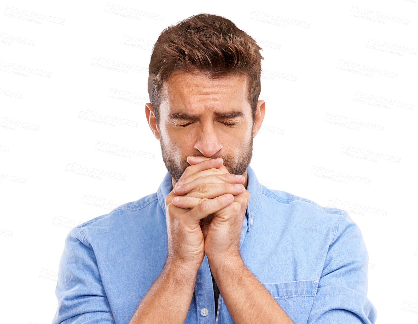 Buy stock photo Worried, anxiety and man with fear or scared with stress expression isolated in a transparent or png background. Uncertain, closed eyes and person feeling anxious and thinking of problem and ashamed