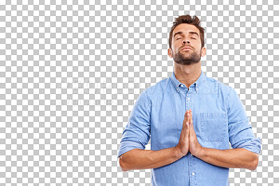 Buy stock photo Man, hands together and praying with faith, hope and christian religion to worship God isolated on a transparent png background. Male person, spiritual belief and prayer for gratitude of mindfulness