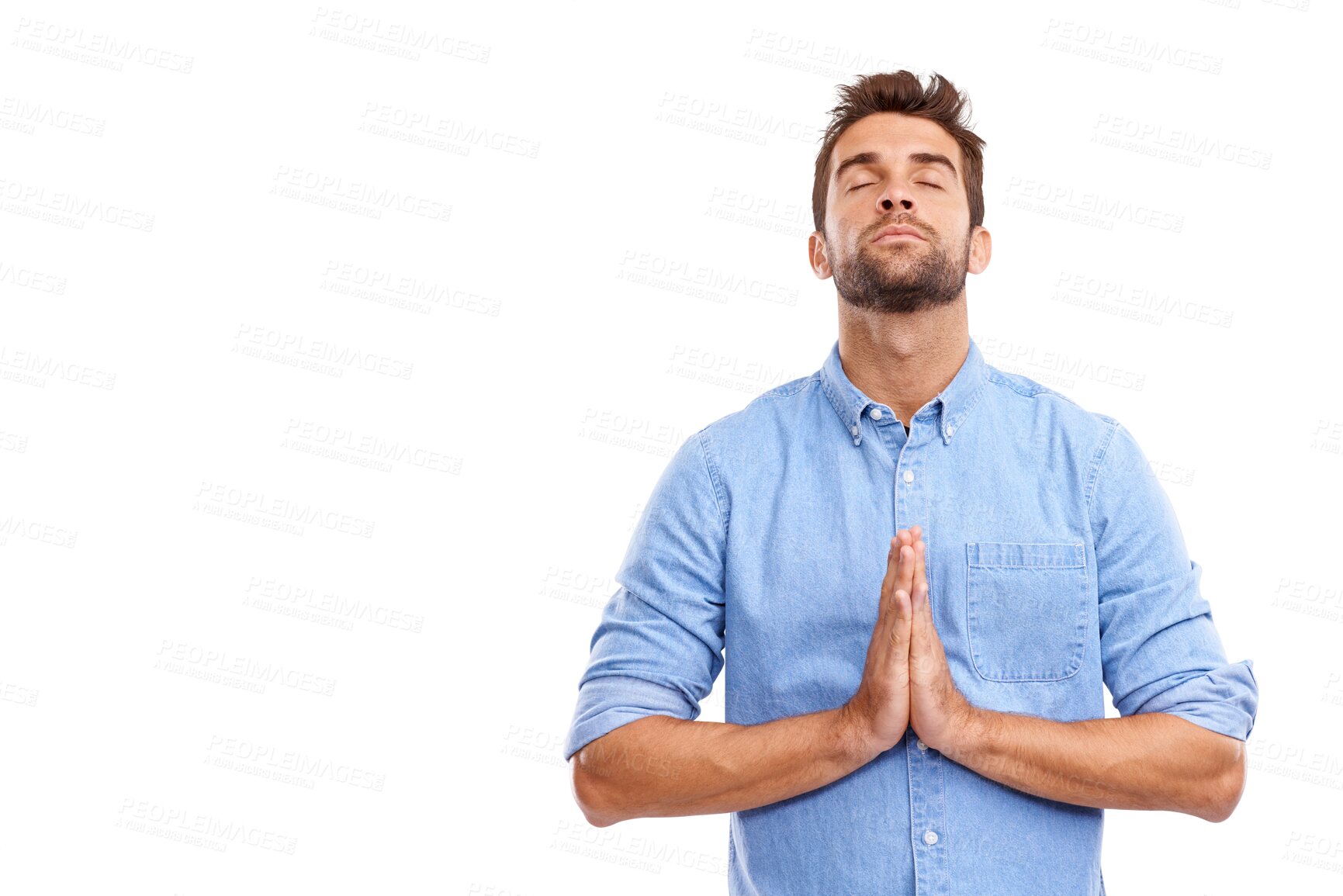 Buy stock photo Man, hands together and praying with faith, hope and christian religion to worship God isolated on a transparent png background. Male person, spiritual belief and prayer for gratitude of mindfulness