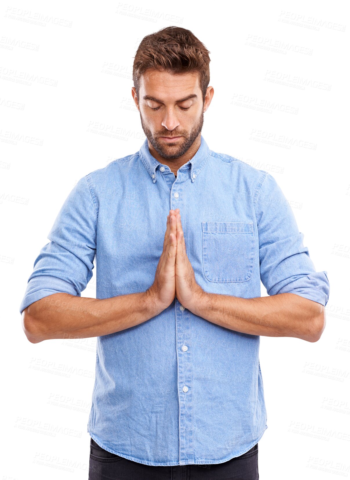 Buy stock photo Religion, prayer and young man with faith for spiritual health and wellness with worship. Christian, compassion and male model praying to god with gratitude isolated by a transparent png background.