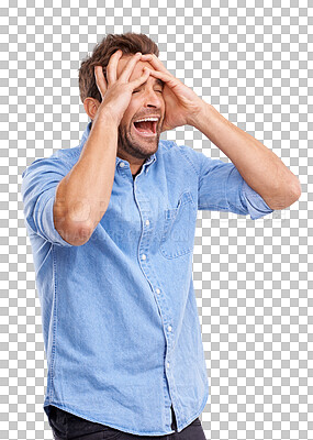 Buy stock photo Sad, shouting and stress of crazy man frustrated with problem isolated on a transparent png background. Anger, screaming and male person with depression, schizophrenia and anxiety, crying and pain.