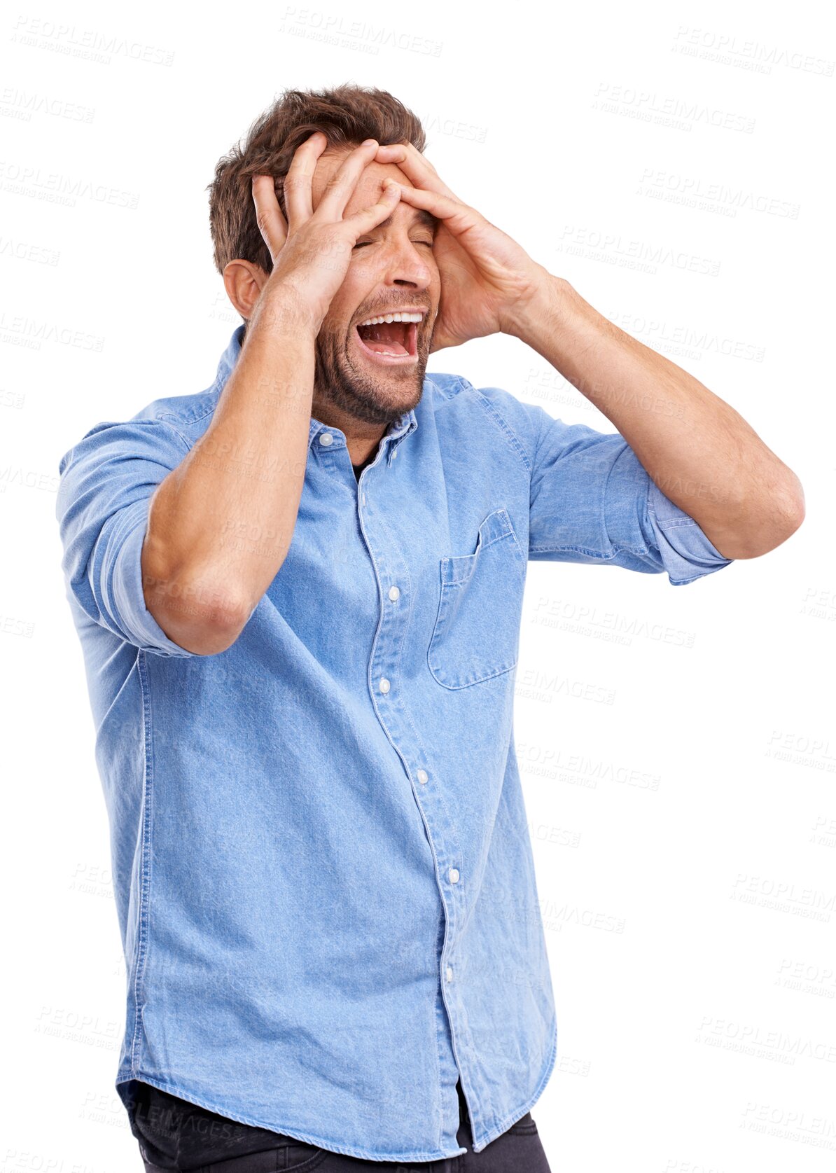 Buy stock photo Sad, shouting and stress of crazy man frustrated with problem isolated on a transparent png background. Anger, screaming and male person with depression, schizophrenia and anxiety, crying and pain.