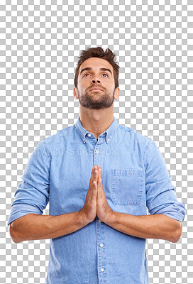 Buy stock photo Praying, hope and man with faith in religion and worship God as a christian isolated in a transparent or png background. Belief, spiritual and male person with gratitude, peace and mindfulness