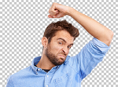 Buy stock photo Armpit, sweat and portrait of man with smell problem on isolated, transparent or png background. Body odor, sweating and face of guy person unhappy with hygiene, gross and stink, bad or hyperhidrosis