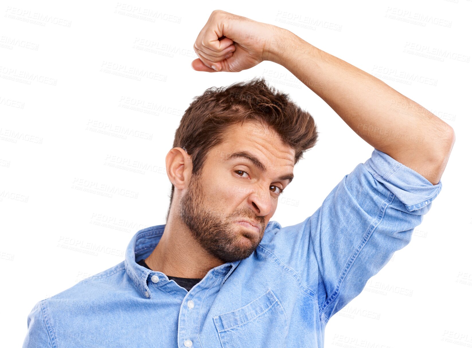 Buy stock photo Armpit, sweat and portrait of man with smell problem on isolated, transparent or png background. Body odor, sweating and face of guy person unhappy with hygiene, gross and stink, bad or hyperhidrosis