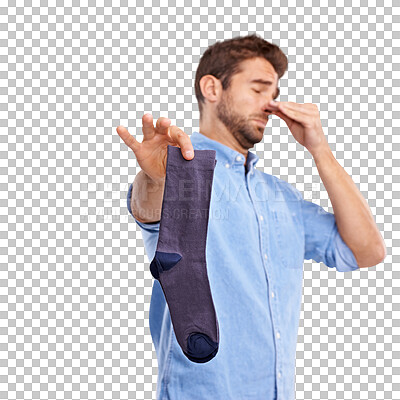 Buy stock photo Man, laundry and stink with socks or bad smell in png or isolated and transparent background in closeup. Nose, guy and dirty with clothes and disgust with male person with odor or sweat with emotion.