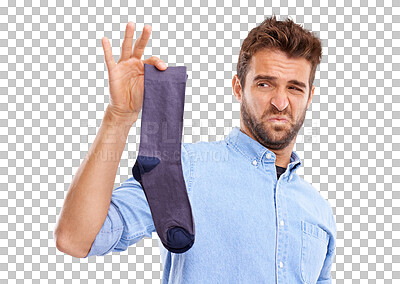 Buy stock photo Laundry, man and stink with socks or bad smell in png or isolated and transparent background. Dirty, clothes and nose with guy or disgust, funny face or clean for footwear with male person or odor.