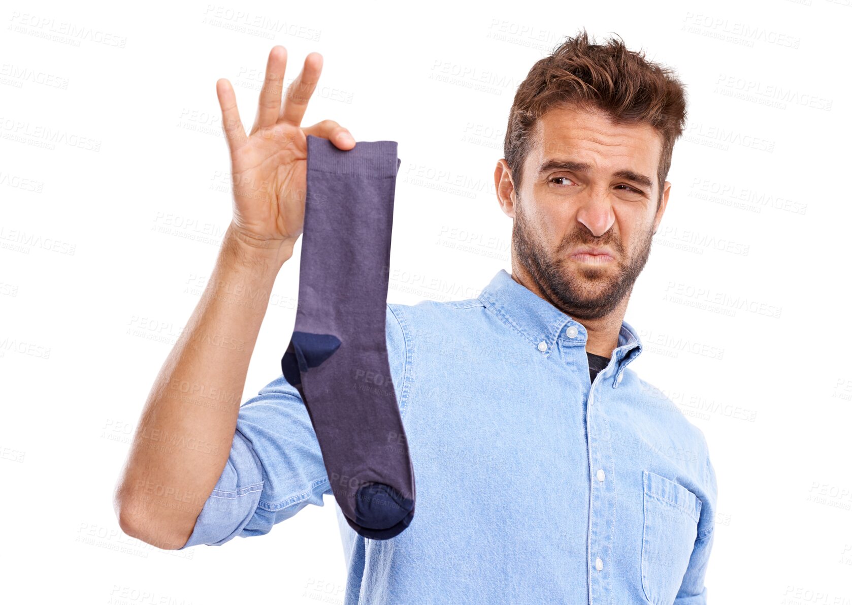 Buy stock photo Laundry, man and stink with socks or bad smell in png or isolated and transparent background. Dirty, clothes and nose with guy or disgust, funny face or clean for footwear with male person or odor.