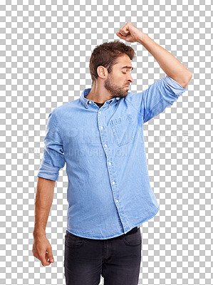 Buy stock photo Smell, armpit and man with hygiene, problem and body odor issue on isolated, transparent and png background. Sweating, crisis and male person with disgusted, gross and foul underarm or hyperhidrosis