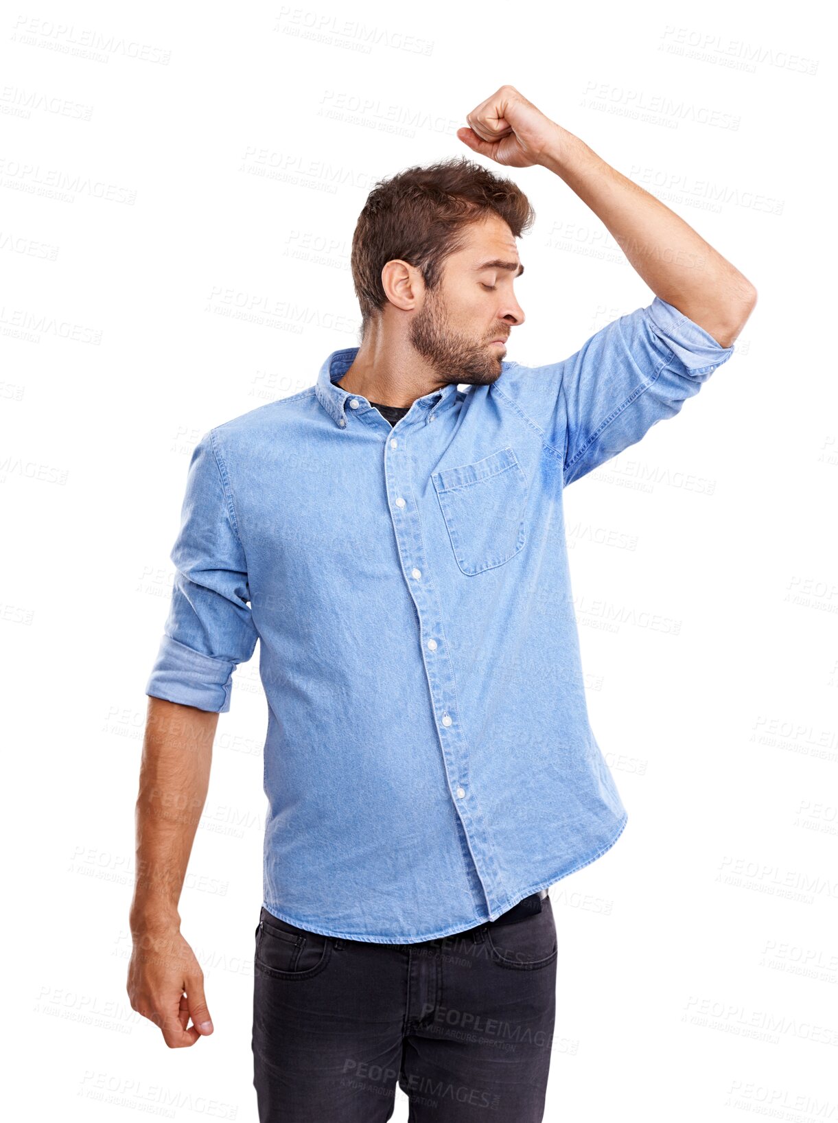 Buy stock photo Smell, armpit and man with hygiene, problem and body odor issue on isolated, transparent and png background. Sweating, crisis and male person with disgusted, gross and foul underarm or hyperhidrosis