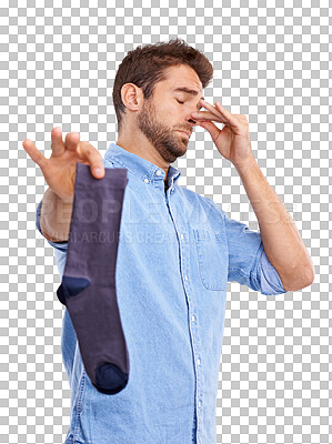 Buy stock photo Housework, smell and man holding a sock with dirt in png or isolated and transparent background with emotion. Laundry, sweat and bad smell with guy or disgust to wash for footwear with funny face.