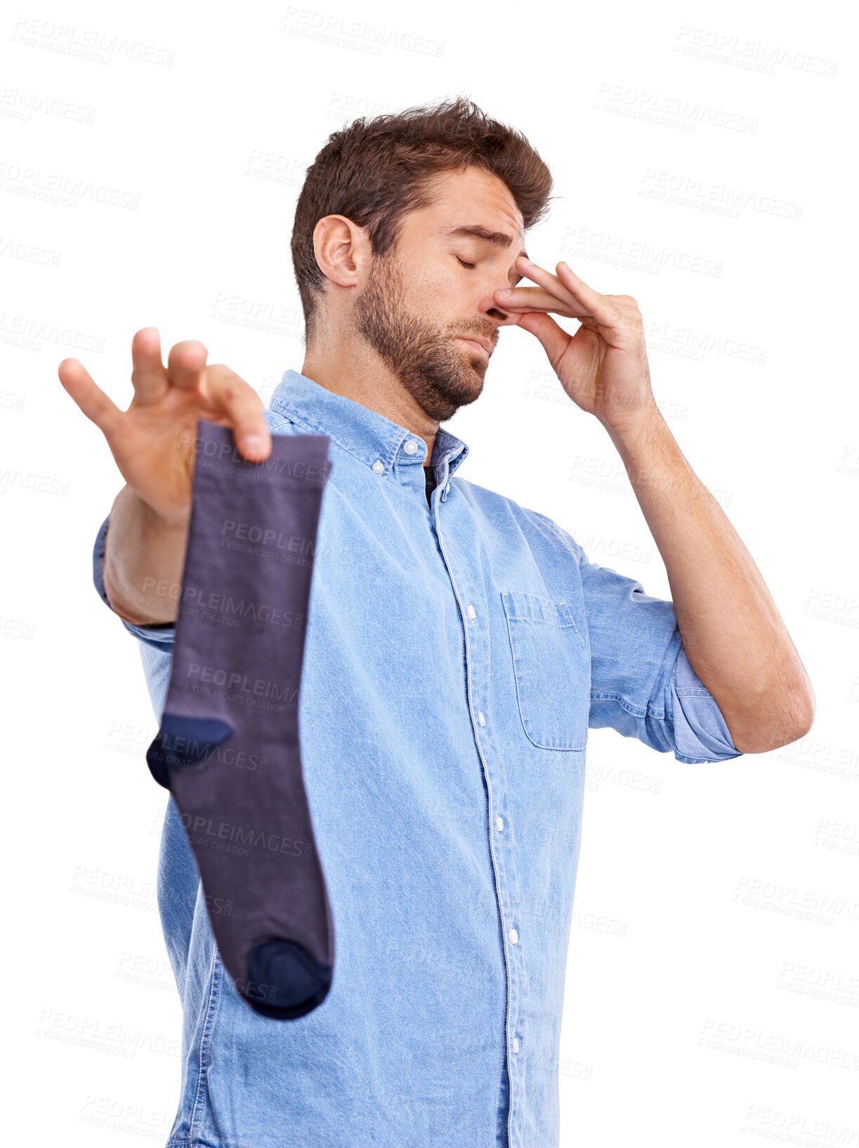 Buy stock photo Housework, smell and man holding a sock with dirt in png or isolated and transparent background with emotion. Laundry, sweat and bad smell with guy or disgust to wash for footwear with funny face.