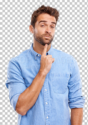 Buy stock photo Thinking, portrait and man with questions on isolated, transparent and png background. Doubt, choice and male person with solution, problem solving and why emoji for decision, idea or puzzled gesture