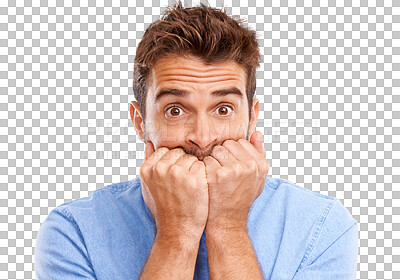 Buy stock photo Worried, anxiety and portrait of man scared with stress expression isolated in a transparent or png background. Uncertain, fear and person feeling anxious and thinking of a problem and ashamed